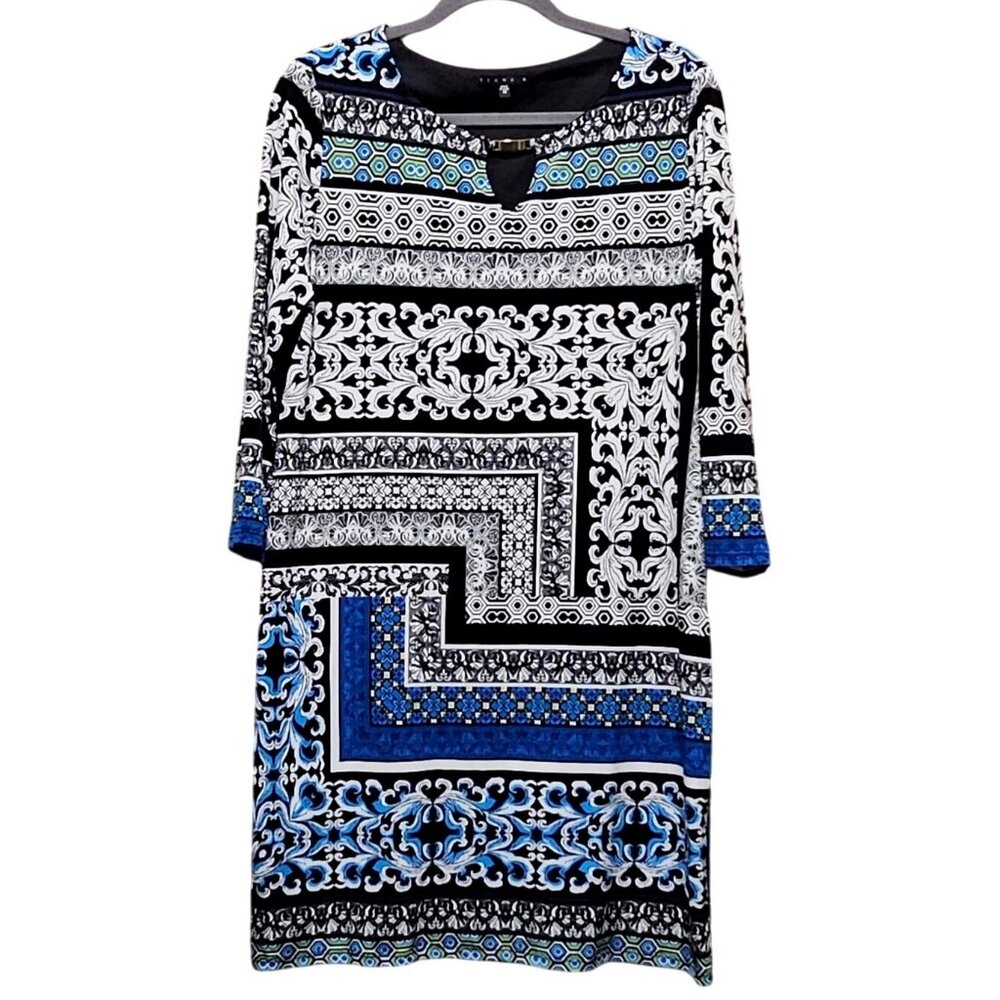 Geometric Print Tiana B. Dress With 3/4 Sleeves In Black/Blue Size M - Picture 3 of 9